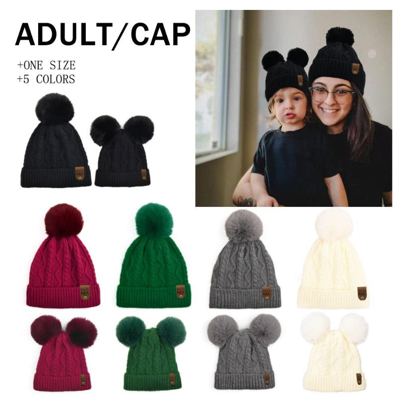 Wholesale Autumn and Winter Fleece Leather Label MINI Double Wool Ball Outdoor Warm Detachable Knitted Hat